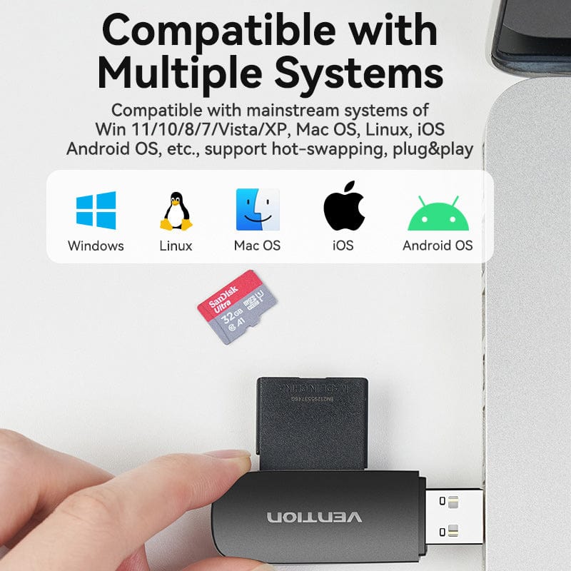 Vention 2-in-1 USB 2.0 A Card Reader(SD+TF) Black Single Drive Lette