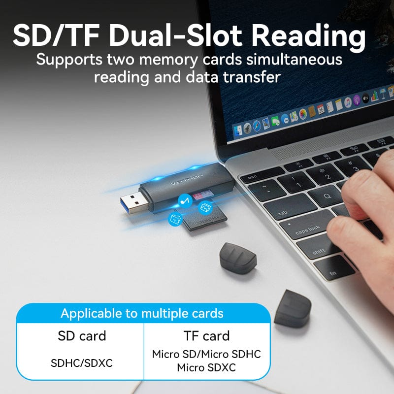 Vention 2-in-1 USB 3.0 A+C Card Reader(SD+TF) Black Dual Drive Letter