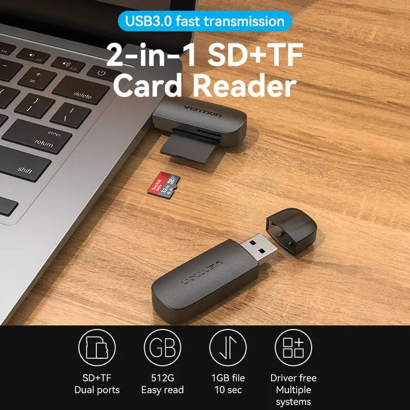 Vention 2-in-1 USB 3.0 A Card Reader(SD+TF) Black Single Drive Letter