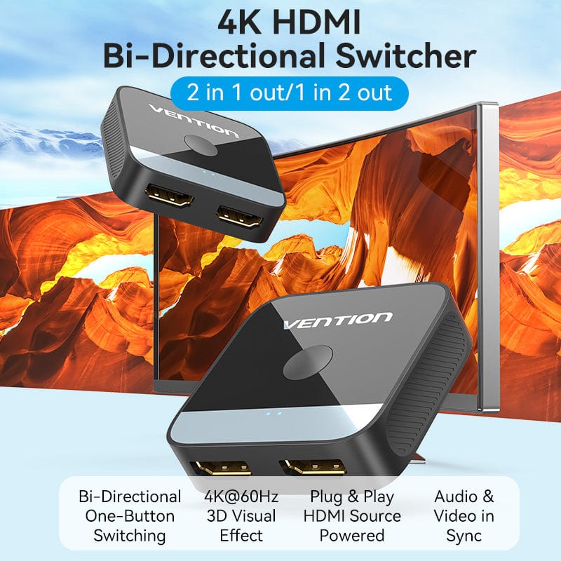 Vention 2-Port HDMI™ Bi-Direction 4K Switcher Black ABS Type