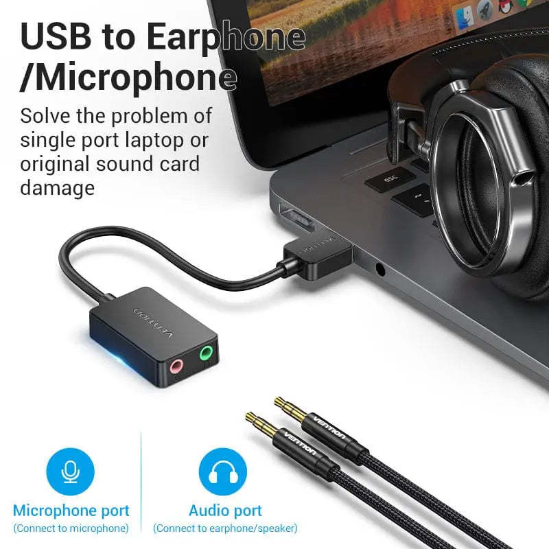 Vention 2-port USB External Sound Card 0.15M Black