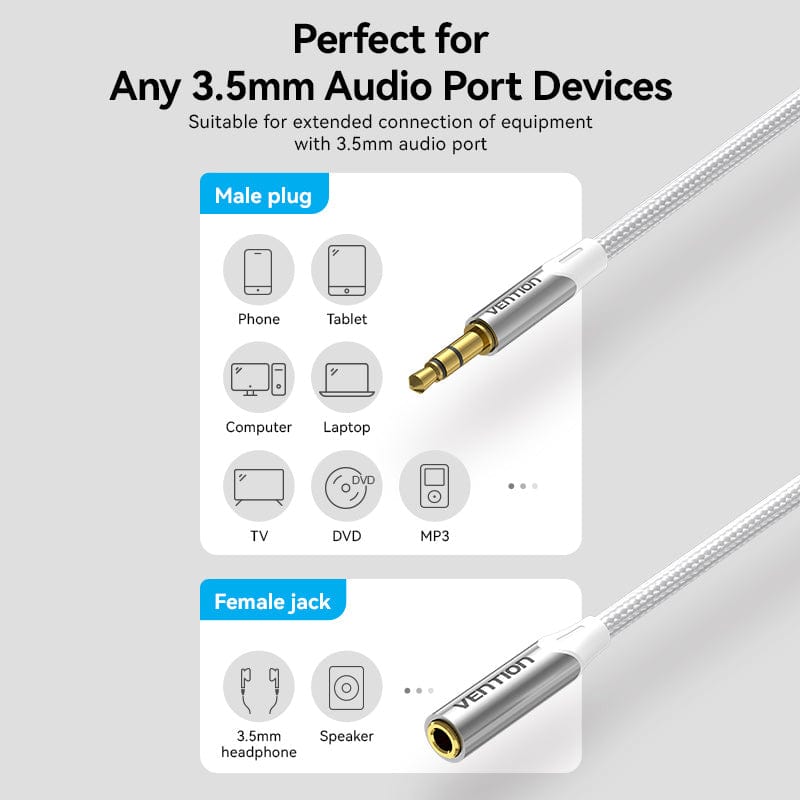 Vention Cotton Braided 3.5mm Male to 3.5mm Female Audio Extension Cable Silver Aluminum Alloy Type