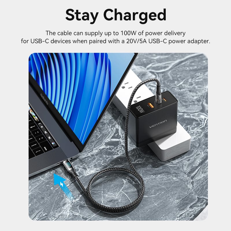 Vention Cotton Braided USB 2.0 C Male to C Male 5A Cable With LED Display Zinc Alloy Type