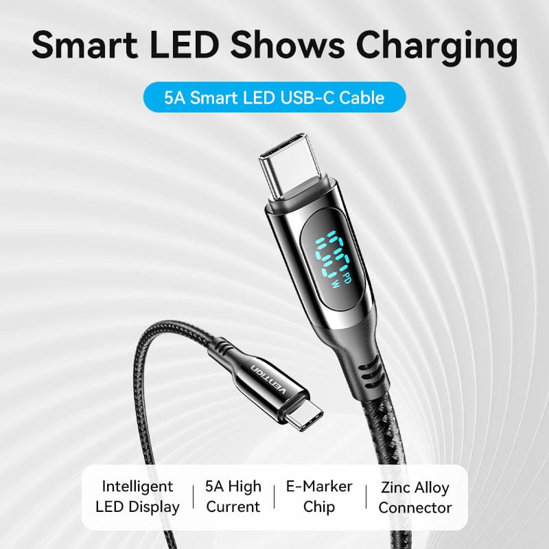 Vention Cotton Braided USB 2.0 C Male to C Male 5A Cable With LED Display Zinc Alloy Type