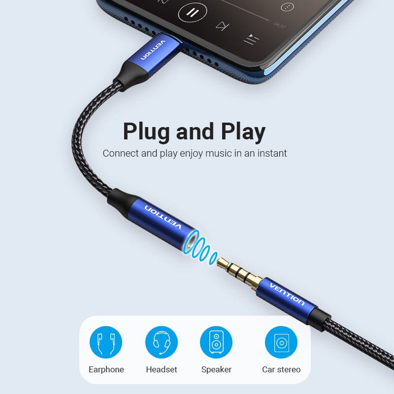 Cotton Braided USB-C Male to 3.5mm Female Audio Cable(DAC) 0.1M Blue Aluminum Alloy Type