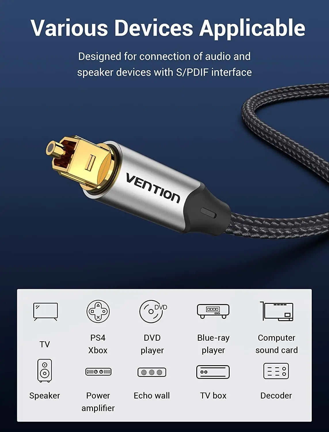 Vention Optical Fiber Audio Cable Aluminum Alloy Type Gray