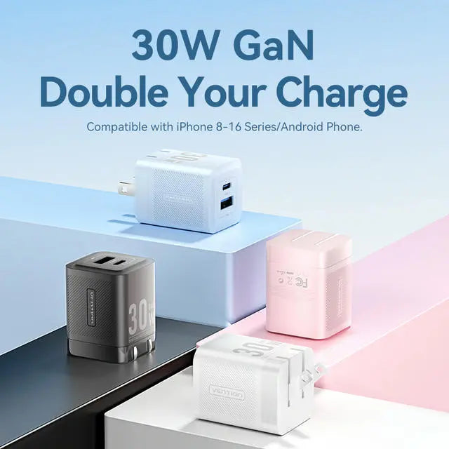 Vention 2-Port USB (C + A) GaN Charger (30W/30W) US Plug
