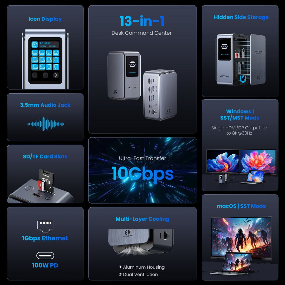 13-in-1 USB-C 8K Vertical Docking Station with Digital Display