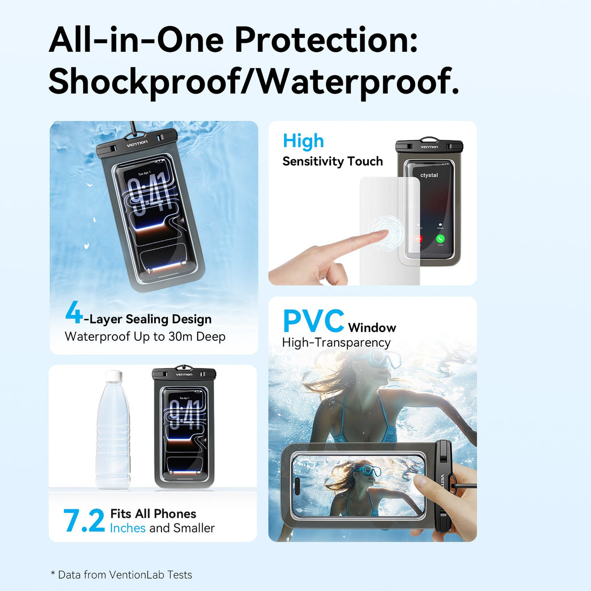 Vention 7.2-Inch Transparent Waterproof Phone Pouch with Lock Seal Black