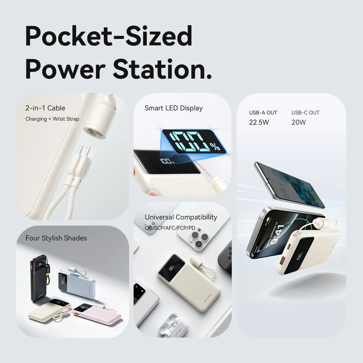Vention 10000mAh Power Bank (USB-C + USB-A) with Built-in Cable 22.5W LED Display Type
