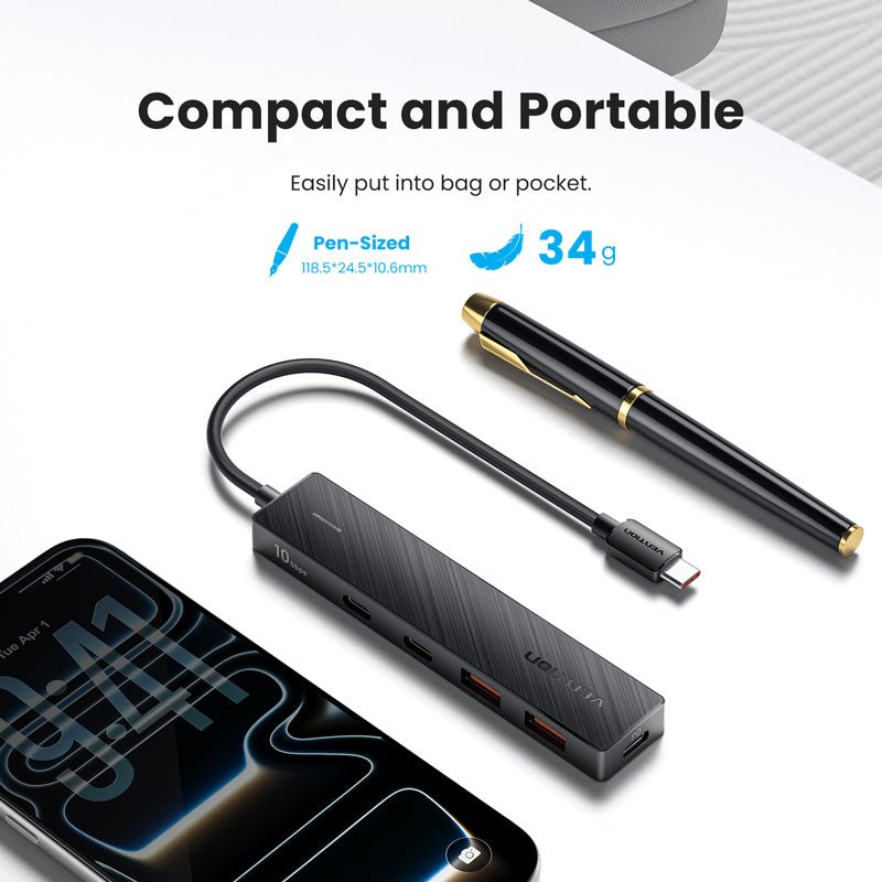 Vention USB-C to USB 3.2 Gen 2 Type-C*2 + USB 3.2 Gen 2 Type-A*2 + PD 10G Hub 0.15M Black