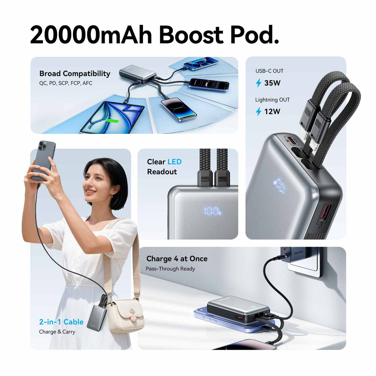 Vention 20000mAh Power Bank with Built-in USB-C and Lightning Cables 35W