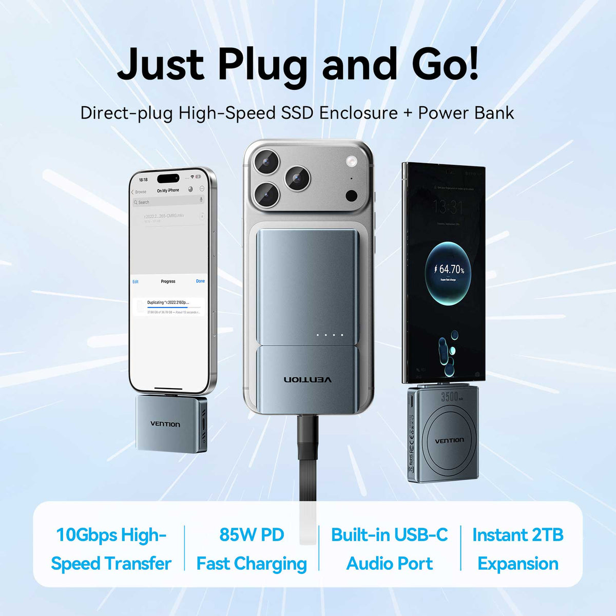 Vention Cable-Free M.2 NVMe SSD Enclosure+ 3500mAh Power Bank