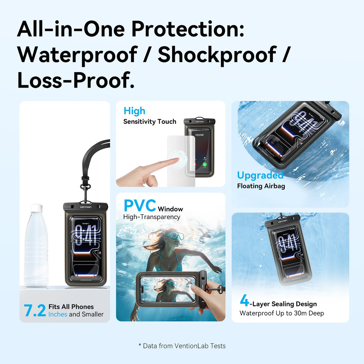Vention 7.2-Inch Shockproof Black-Edged Waterproof Phone Pouch with Lock Seal Black