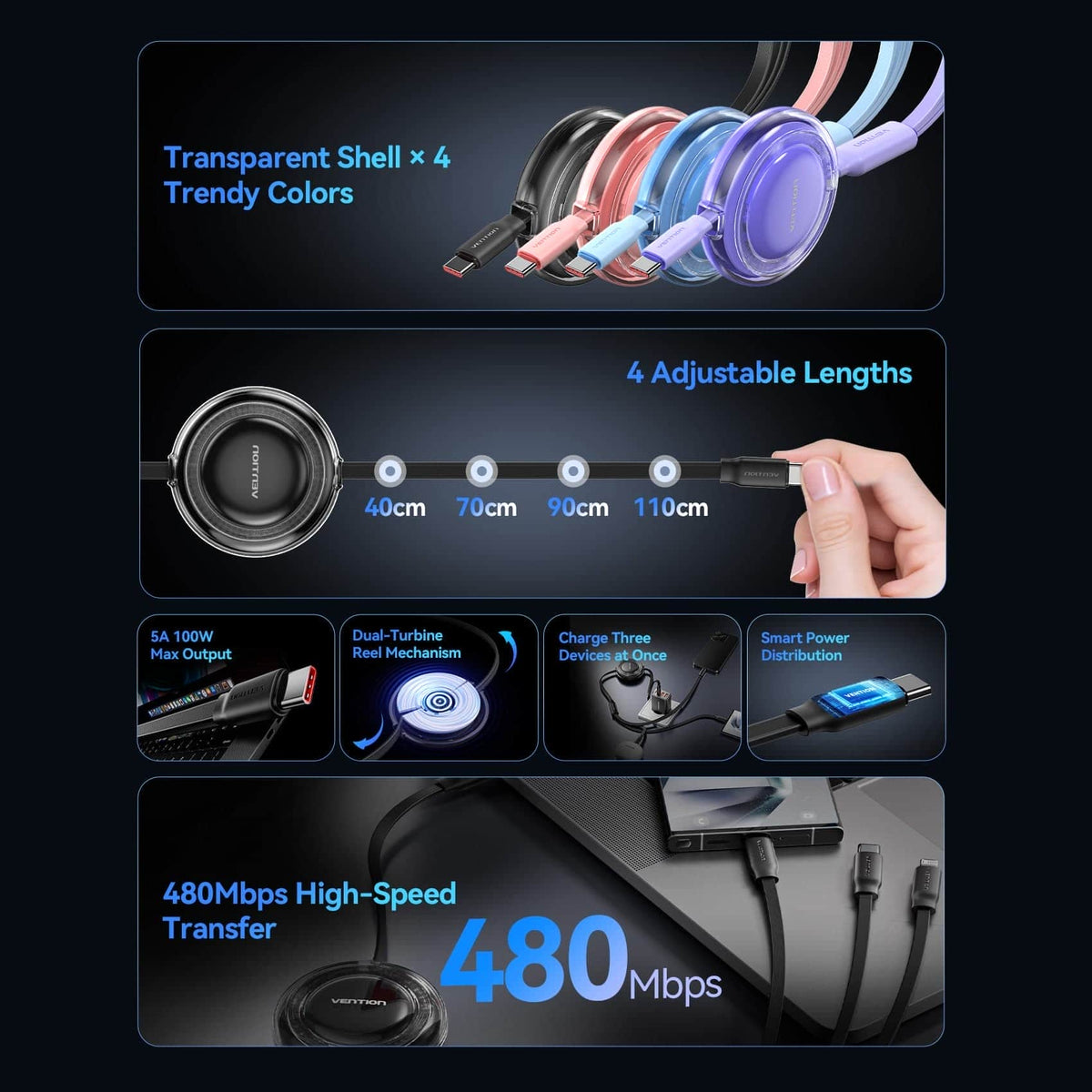 Vention 3-in-1 USB 2.0 Retractable Charging Cable
