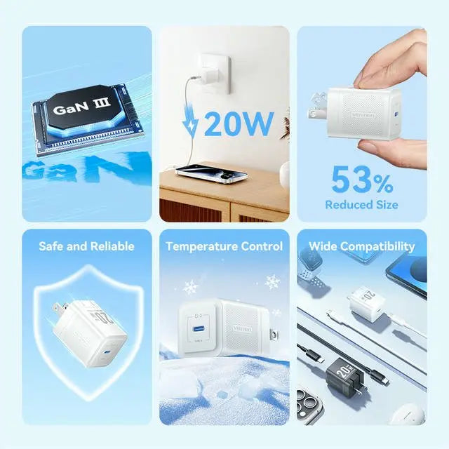 Vention 1-Port USB-C GaN Charger (20W) with USB-C to USB-C Cable (1M) US Plug