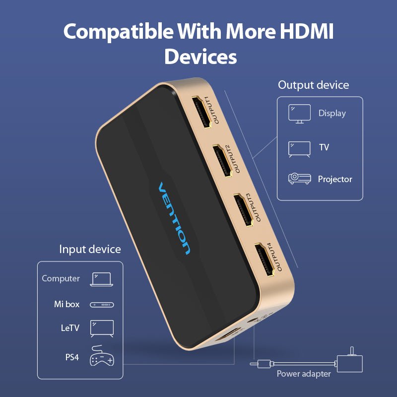 Vention 1 In 4 Out HDMI Splitter 4K@30Hz Gold Aluminum Alloy Type UK Standard