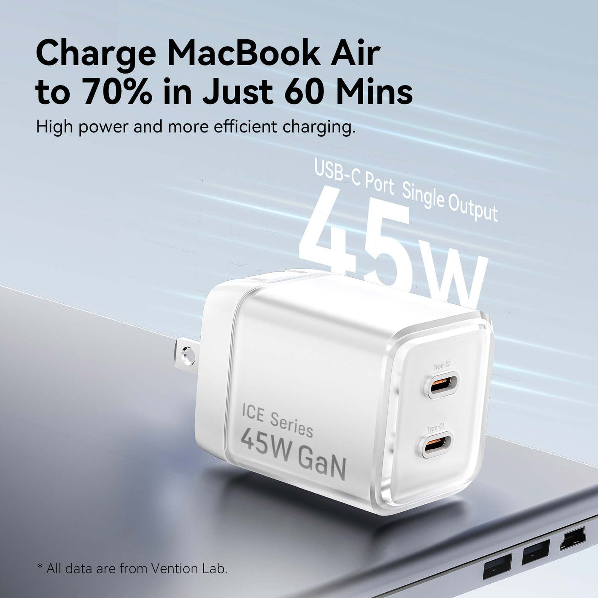 Vention 2-Port USB (C + C) GaN Charger (45W/45W) with 5A USB-C to USB-C Cable  US-Plug Gray