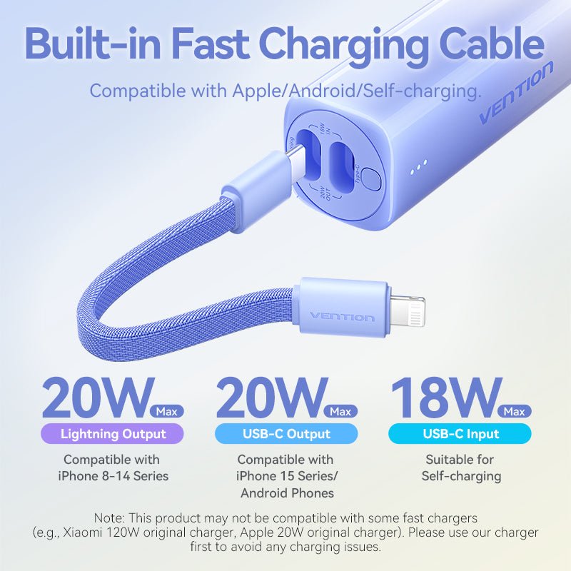 Vention 5000mAh Power Bank Compact with Built-in Cable——On Promotion