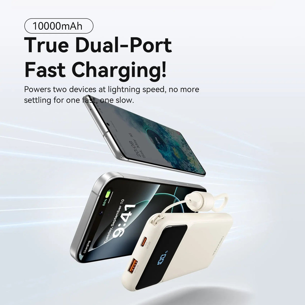 Vention 10000mAh Power Bank (USB-C + USB-A) with Built-in Cable 22.5W LED Display Type