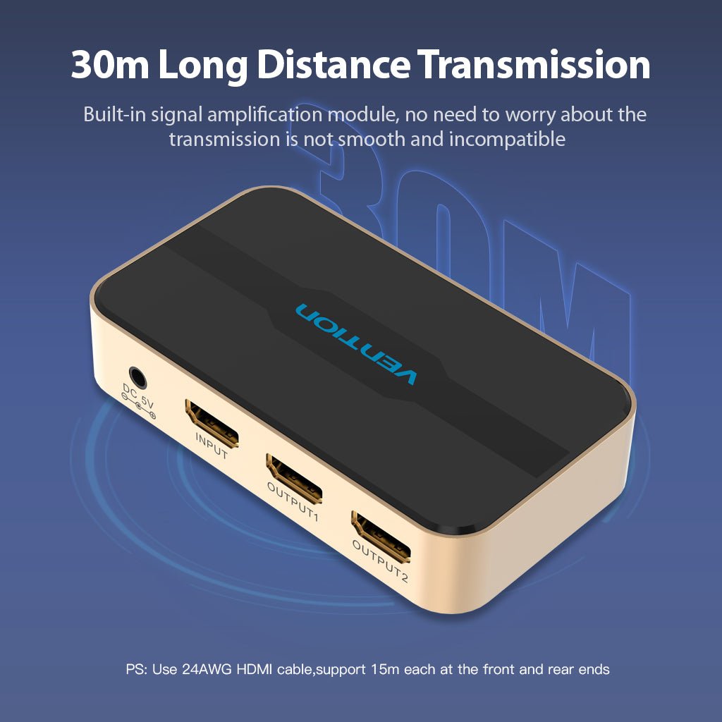 Vention 1 In 2 Out HDMI Splitter 4K@30Hz Gold Aluminum Alloy Type