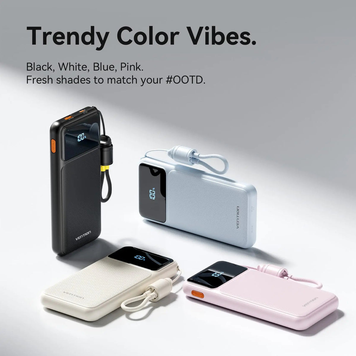 Vention 10000mAh Power Bank (USB-C + USB-A) with Built-in Cable 22.5W LED Display Type
