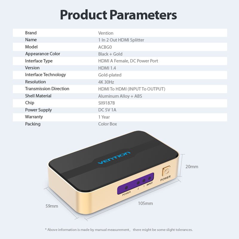 Vention 1 In 2 Out HDMI Splitter 4K@30Hz Gold Aluminum Alloy Type