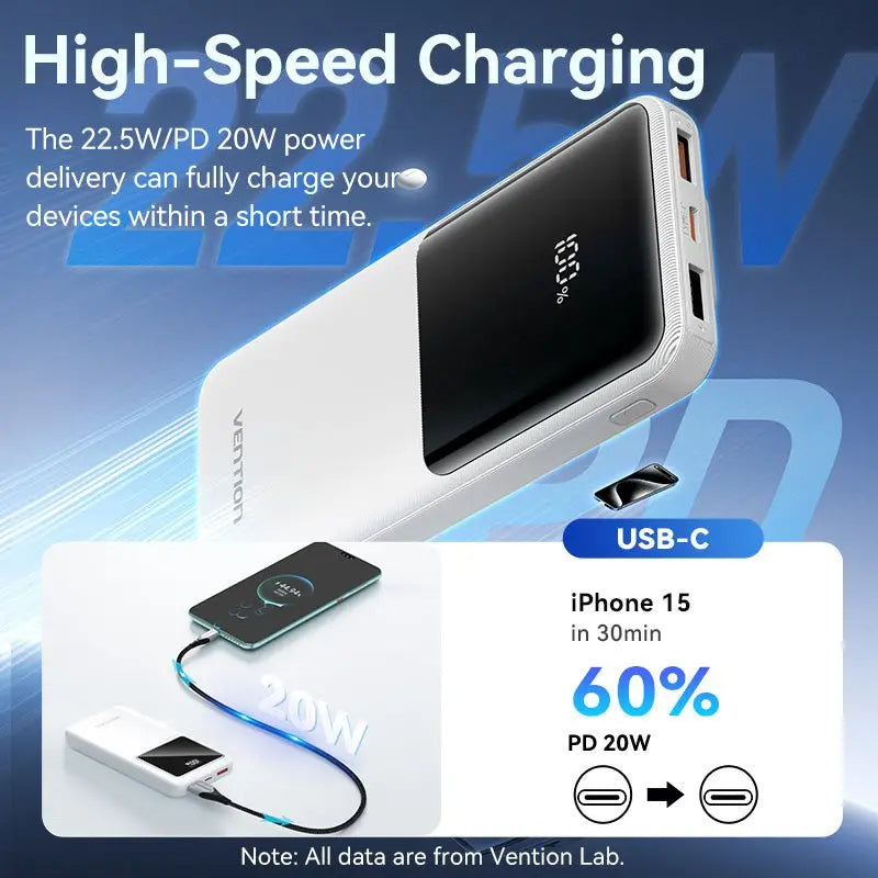 Vention 10000mAh Power Bank with Built-in USB-C and Lightning Cables 22.5W Black LED Display Universal Type