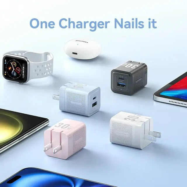 Vention 2-Port USB (C + A) GaN Charger (30W/30W) US Plug