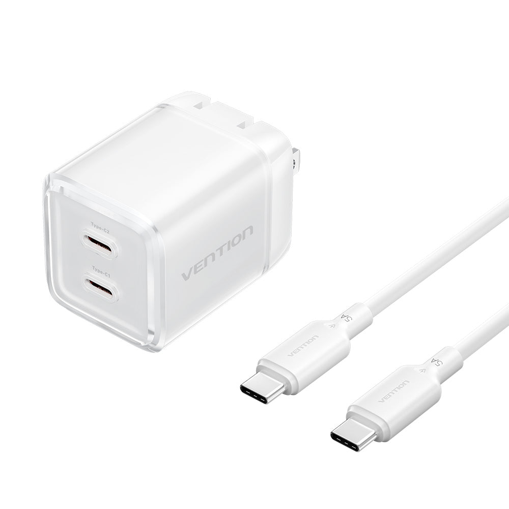 Vention 2-Port USB (C + C) GaN Charger (45W/45W) with 5A USB-C to USB-C Cable  US-Plug Gray