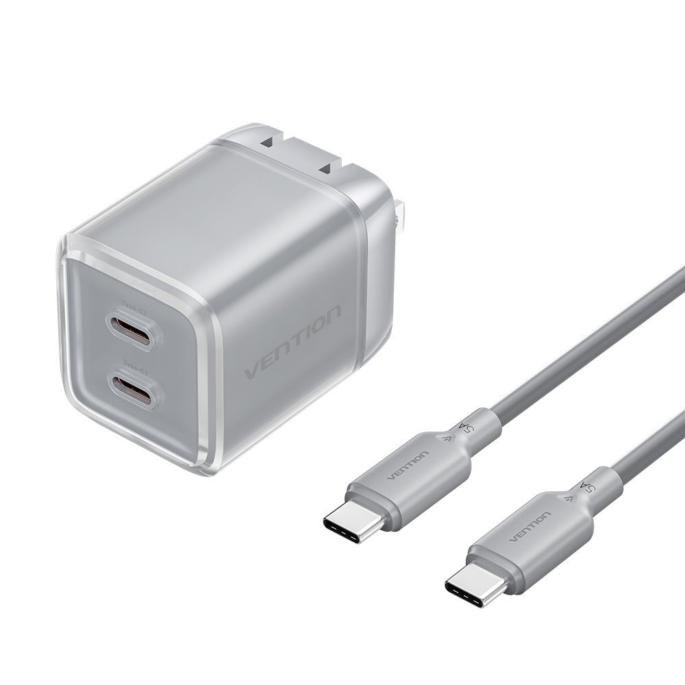 Vention 2-Port USB (C + C) GaN Charger (45W/45W) with 5A USB-C to USB-C Cable  US-Plug Gray