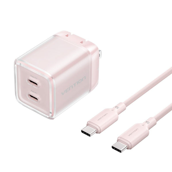 Vention 2-Port USB (C + C) GaN Charger (45W/45W) with 5A USB-C to USB-C Cable  US-Plug Gray