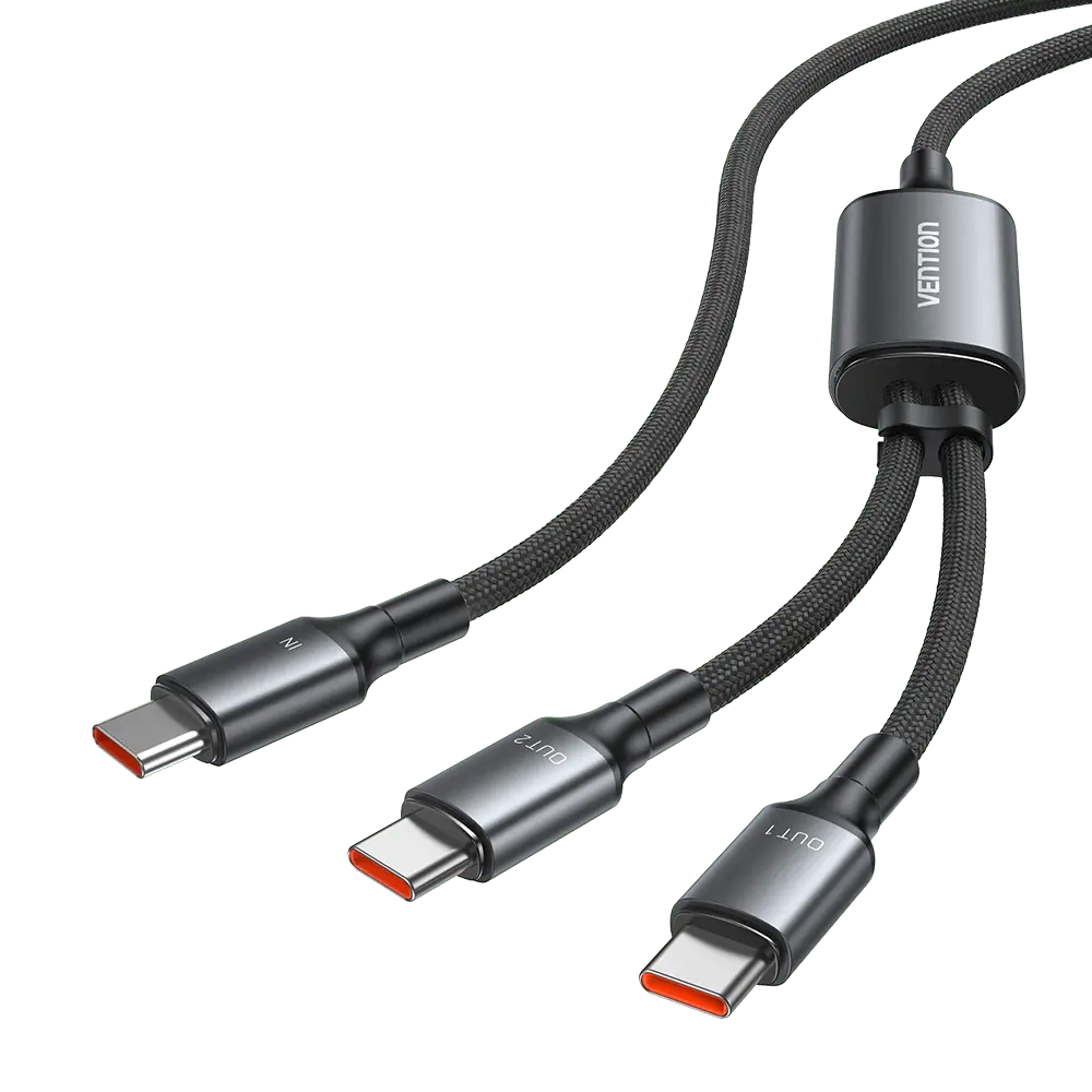 Vention USB 2.0 Type-C Male to 2 Type-C Male 5A Cable Black Aluminum Alloy Type