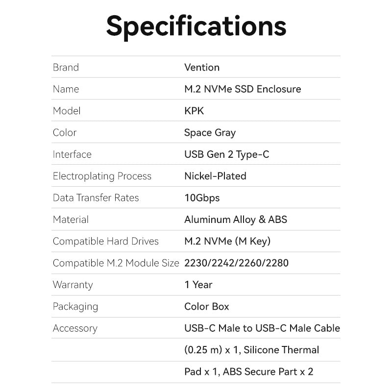 Vention M.2 NVMe SSD Enclosure (USB 3.1 Gen 2-C) with Heat Sink Gray Aluminum Alloy Type