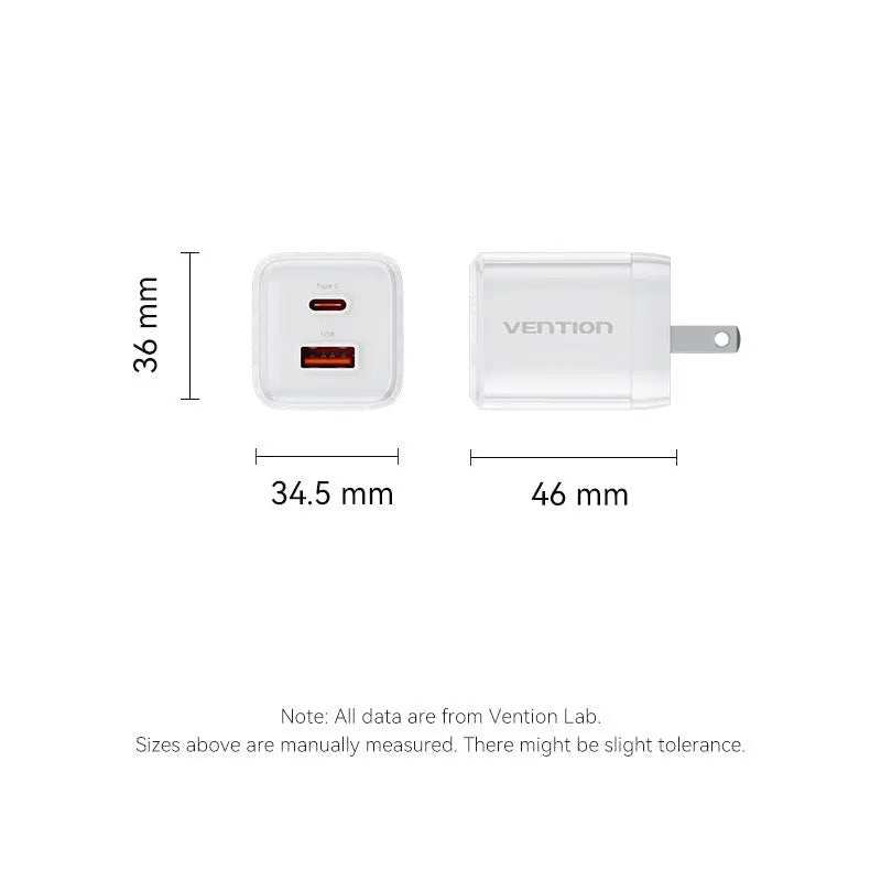 Vention 2-Port USB (C + A) GaN Charger (30W/30W) US-Plug