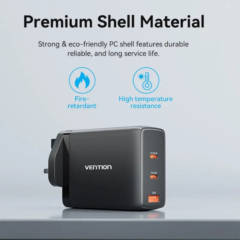 Vention 3-Port USB (C+C+A) GaN Charger (100W/65W/30W) UK-Plug