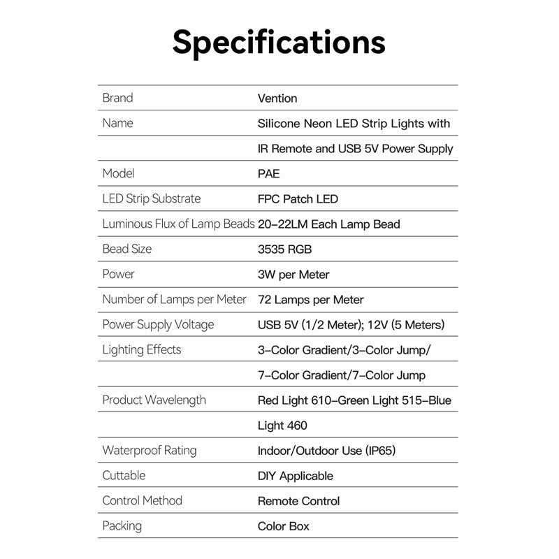 Vention Silicone Neon LED Strip Lights with IR Remote and USB 5V Power Supply