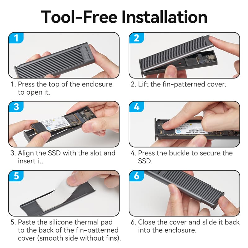 Vention M.2 NVMe & SATA SSD Enclosure (USB 3.2 Gen 2-C) with Heat Sink Gray Aluminum Alloy Type