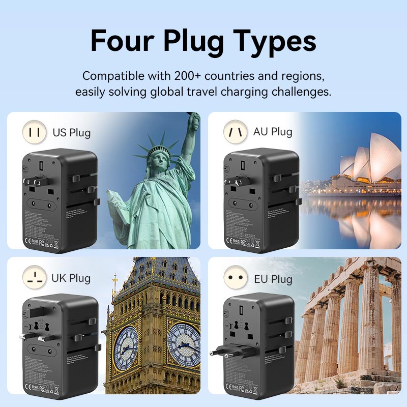 Vention 3-Port USB (C + A + A) GaN Universal Travel Adapter (65W/60W/5W) with Built-in USB-C Cable Black