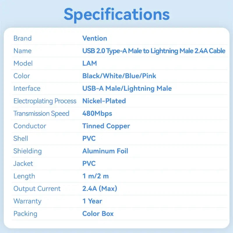 Vention USB 2.0 Type-A Male to Lightning Male 2.4A Cable PVC Type