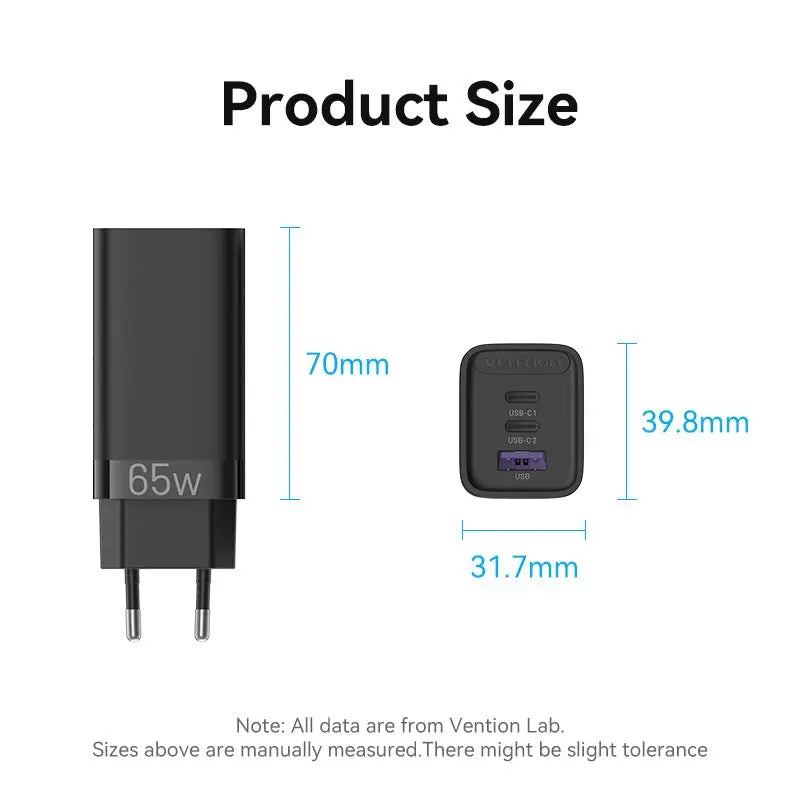 Vention 3-Port USB(C+C+A) GaN Charger(65W/30W/30W) EU-Plug