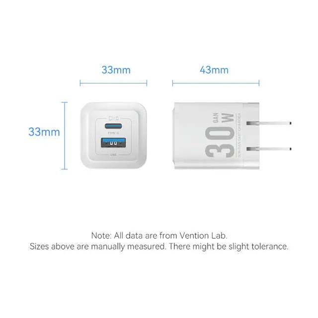Vention 2-Port USB (C + A) GaN Charger (30W/30W) US Plug