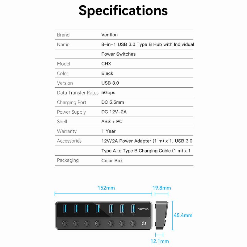 Vention 8-in-1 USB 3.0 Type-B Hub with Individual Power Switches