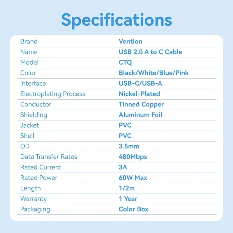 Vention USB 2.0 A Male to C Male 3A Cable PVC Type