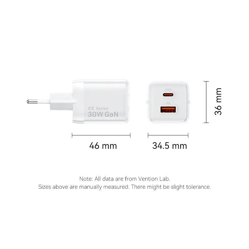 Vention 2-Port USB (C + A) GaN Charger (30W/30W) EU-Plug