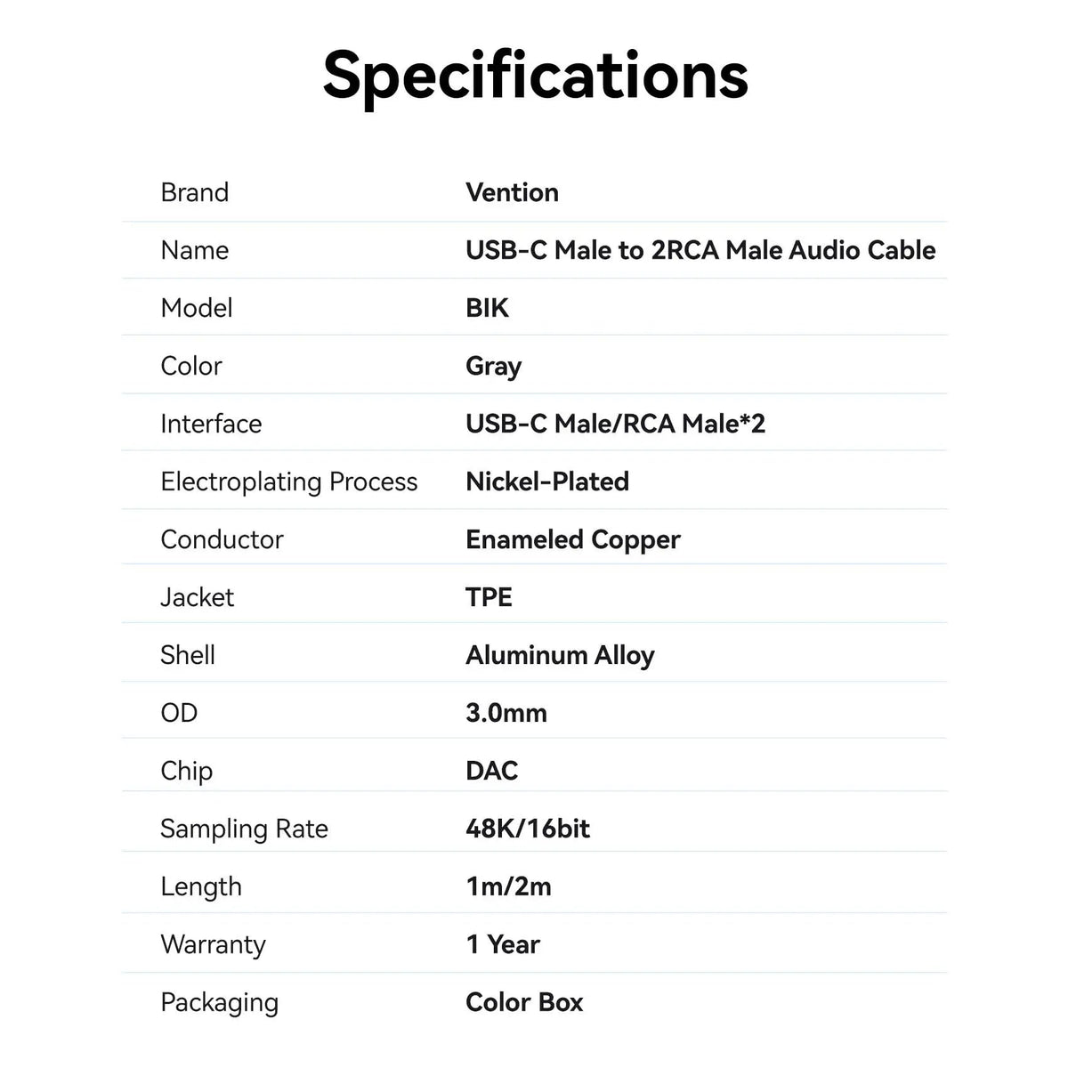 Vention USB-C Male to 2RCA Male Audio Cable
