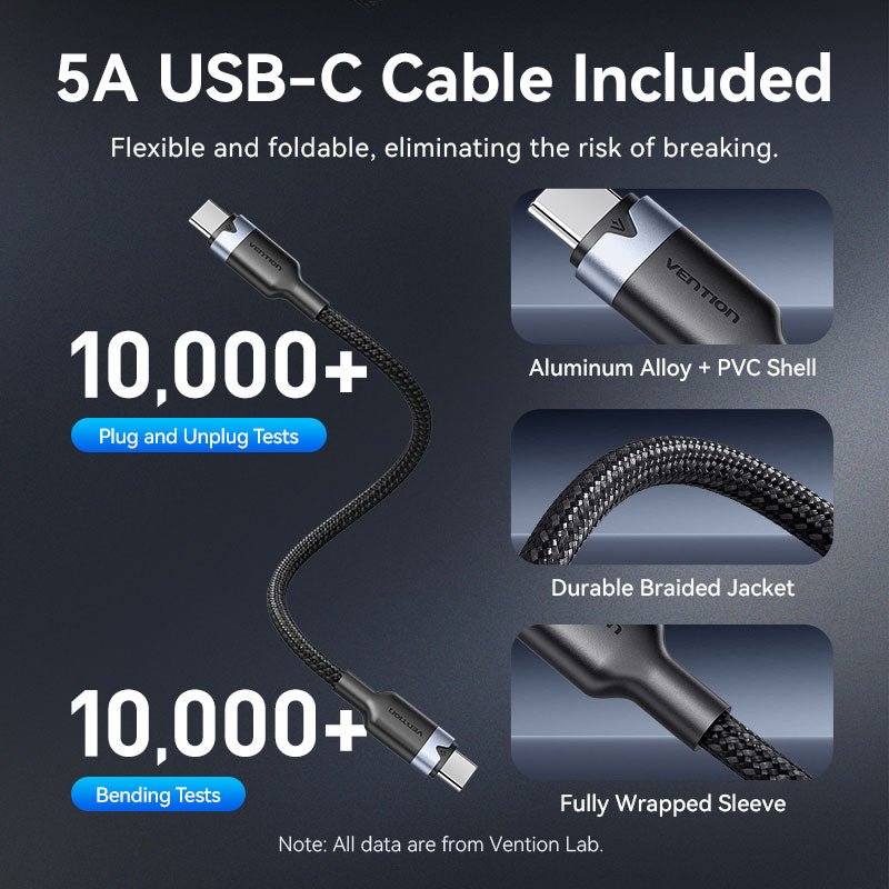 Vention 4-Port USB (C + C + C + A) GaN Charger (100W/100W/30W/30W) Gray with USB-C to USB-C Cable (1M) Black US-Plug