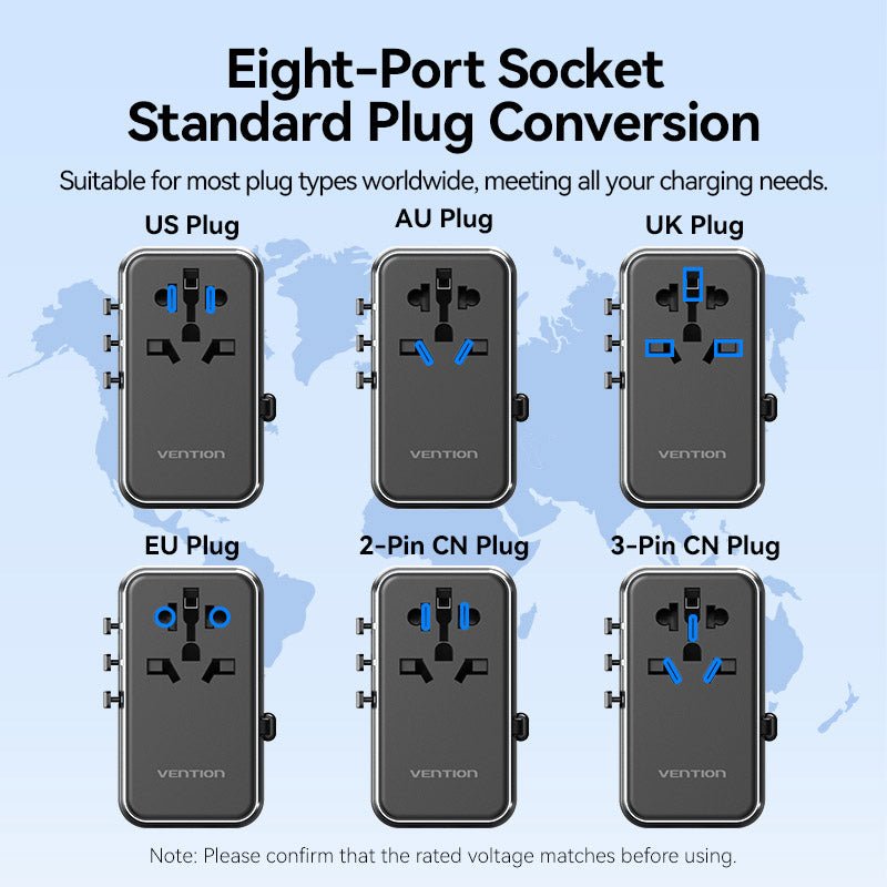 Vention 3-Port USB (C + A + A) GaN Universal Travel Adapter (65W/60W/5W) with Built-in USB-C Cable Black