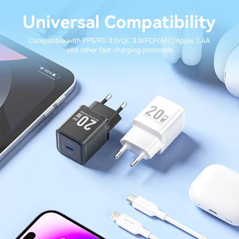 Vention 1-Port USB-C GaN Charger (20W) with USB-C to USB-C Cable
