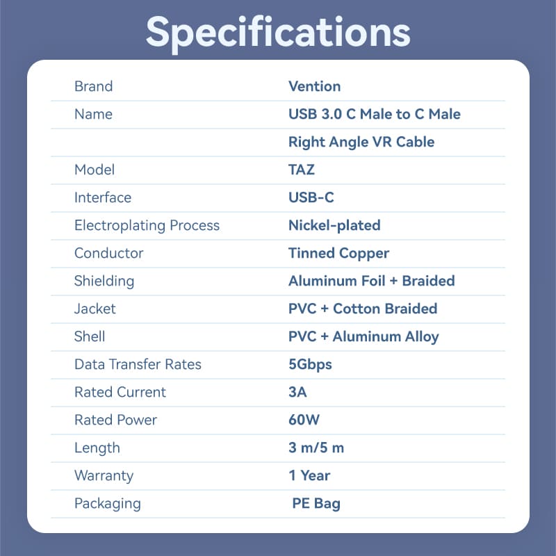 Vention USB 3.0 C Male to C Male Right Angle VR Cable Aluminum Alloy Type